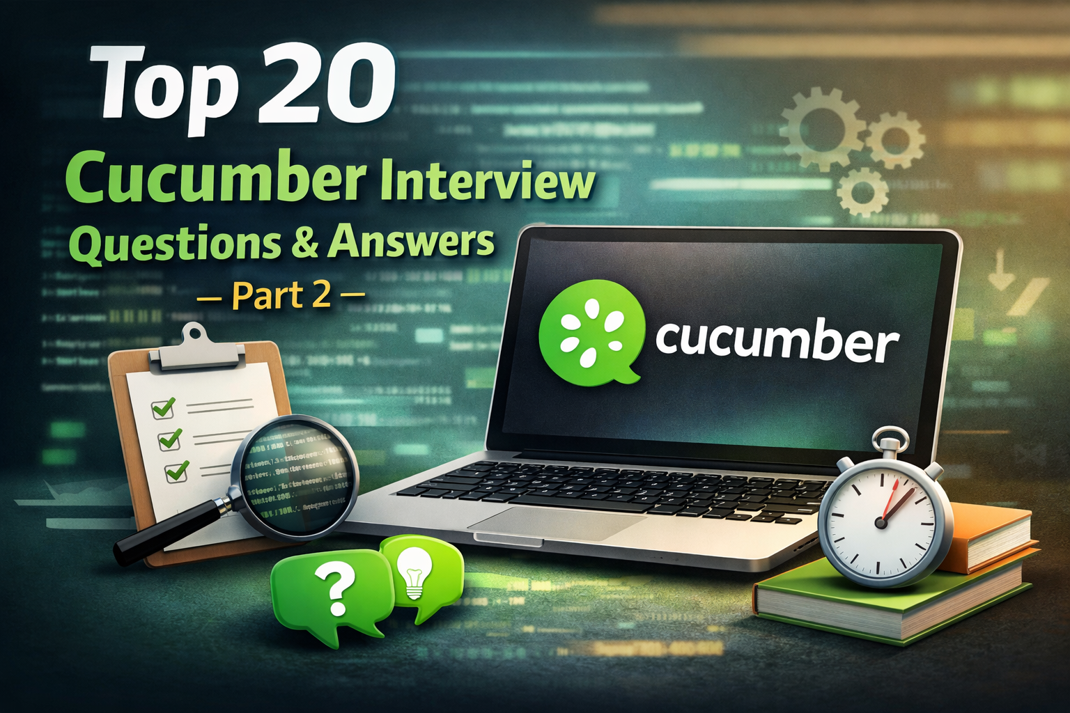 Top 20 Cucumber Interview Questions and Answers – Part 2 with laptop, checklist, and coding icons