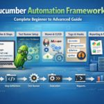 nfographic of Cucumber Automation Framework showing feature files, step definitions, test runner setup, Maven and CI/CD integration, tags and hooks, reporting, and parallel execution for beginner to advanced guide in test automation,Cucumber Automation Framework